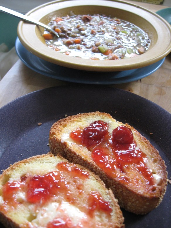 Ham and lentil soup, toast with cherry preserves, in and on the new dishes