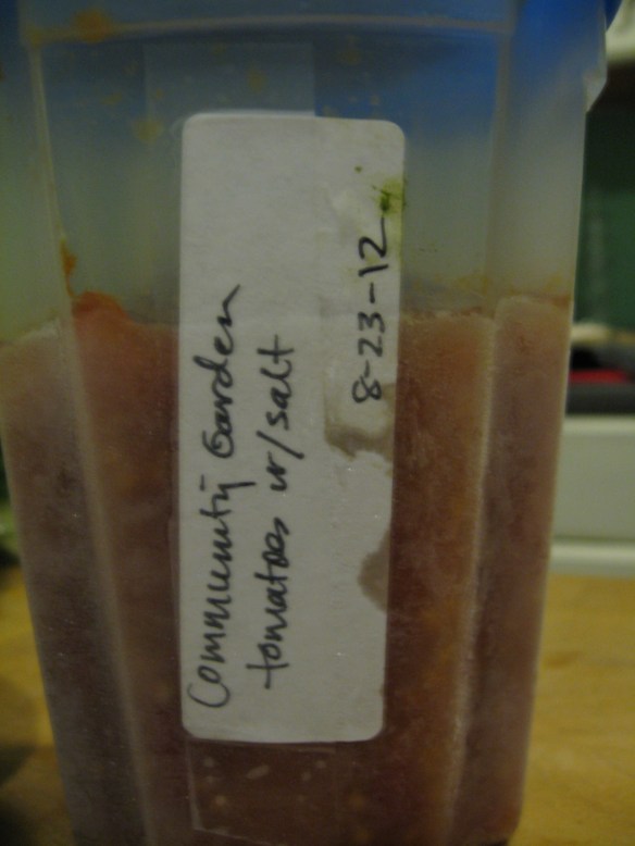 Frozen tomatoes from the garden--part of the clearing out cooking!