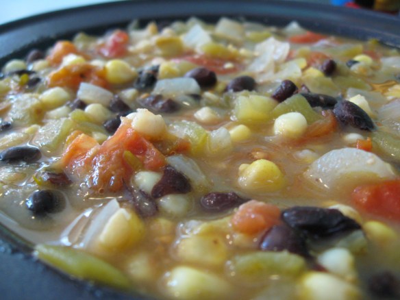 Highly adapted version of Crema de Elote Soup (no cheese, no milk, waaay more green chilies) from Sundays at the Moosewood.