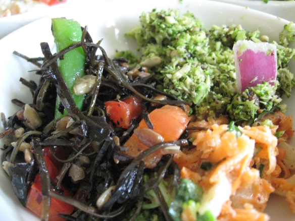 Cold seaweed salad with toasted sesame oil, fine-chopped broccoli salad, carrot salad too! Must try them all.